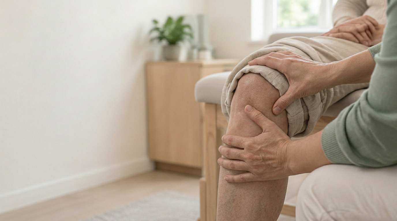 Clinician examining a patient's knee joint
